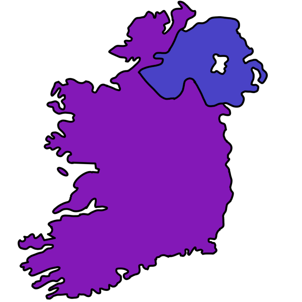 A drawing of Ireland and Northern Ireland. Ireland is colored purple and Northern Ireland is colored blue